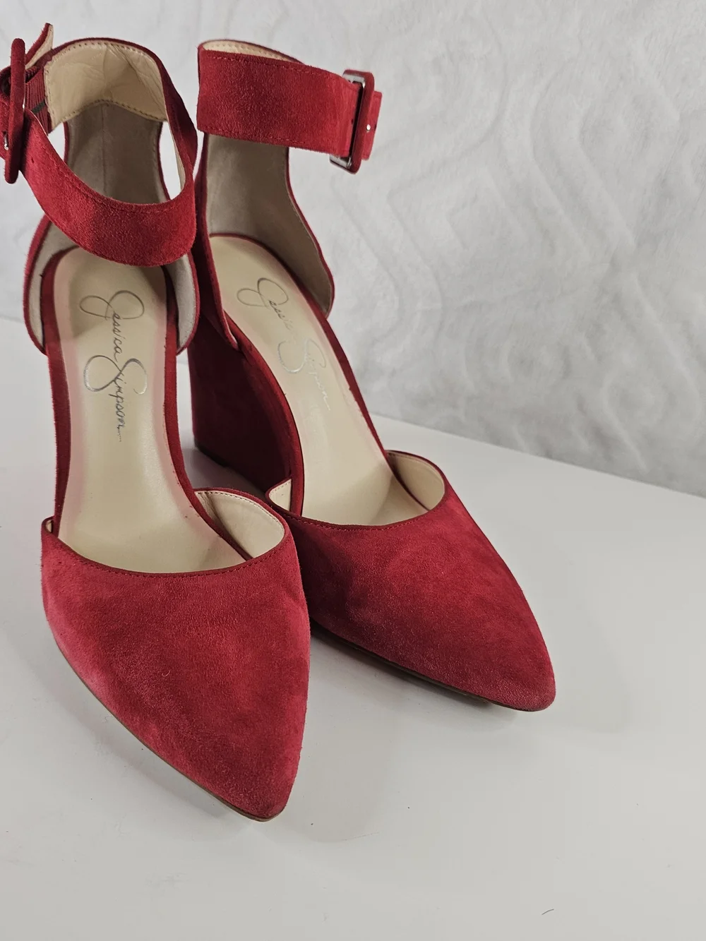 Jessica Simpson Red Suede Ankle-Strap Pointed-Toe Heels -